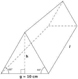 Trekantprisme med to likesidede trekanter hvor sidekantene er 10 cm. Høyden i trekantene er oppgitt som h og lengden av prismet er l.